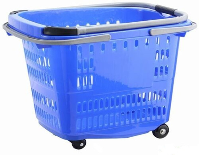 Big Shopping Basket With Wheels / Plastic Rolling Cart With Handle Aluminum Alloy