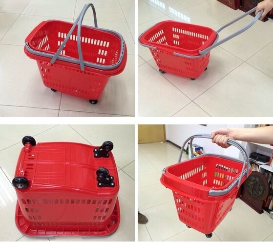 Red HDPP Shopping Basket With Wheels , Supermarket Plastic Storage Shopping Basket
